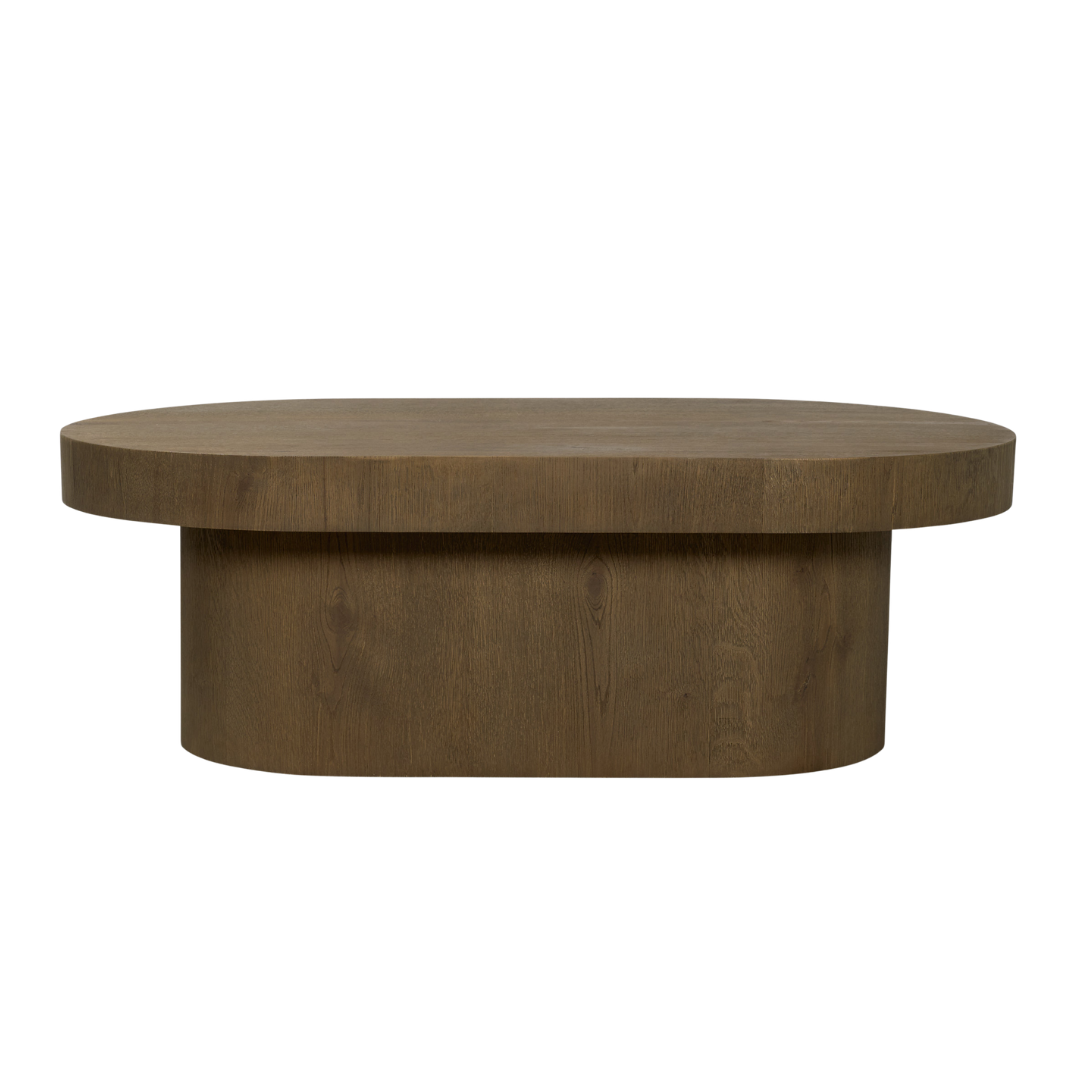 Oval Pedestal Oak Coffee Table in Medium Brown - Sculptural Base