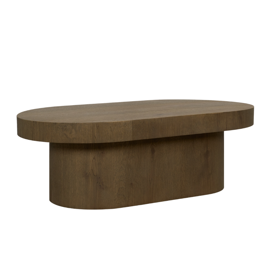 Oval Pedestal Oak Coffee Table in Medium Brown - Sculptural Base