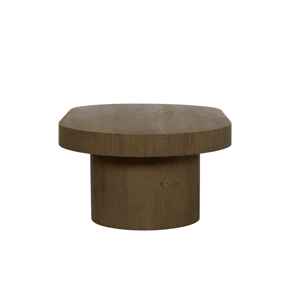Oval Pedestal Oak Coffee Table in Medium Brown - Sculptural Base