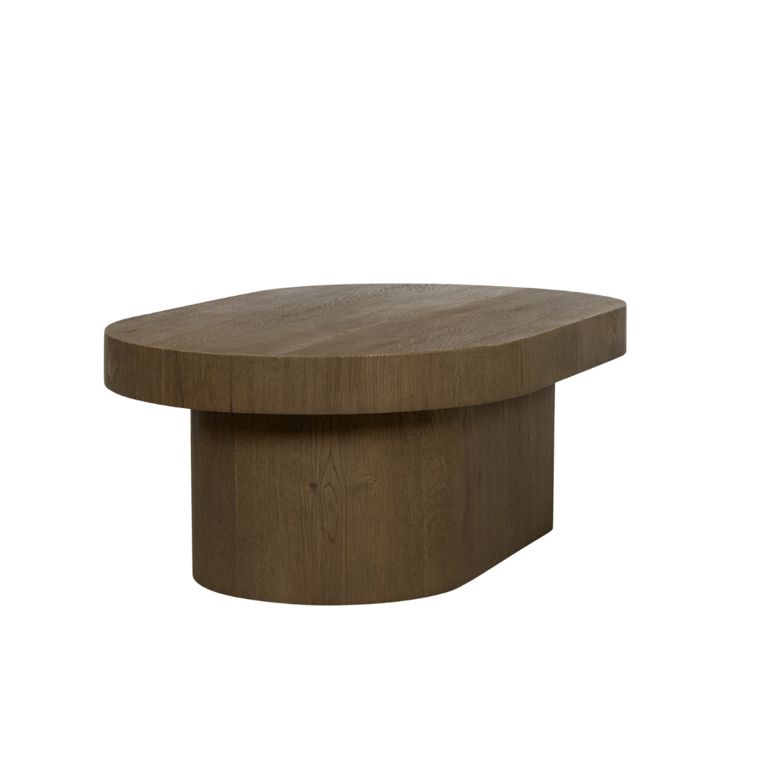Oval Pedestal Oak Coffee Table in Medium Brown - Sculptural Base