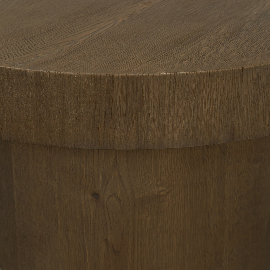 Oval Pedestal Oak Coffee Table in Medium Brown - Sculptural Base