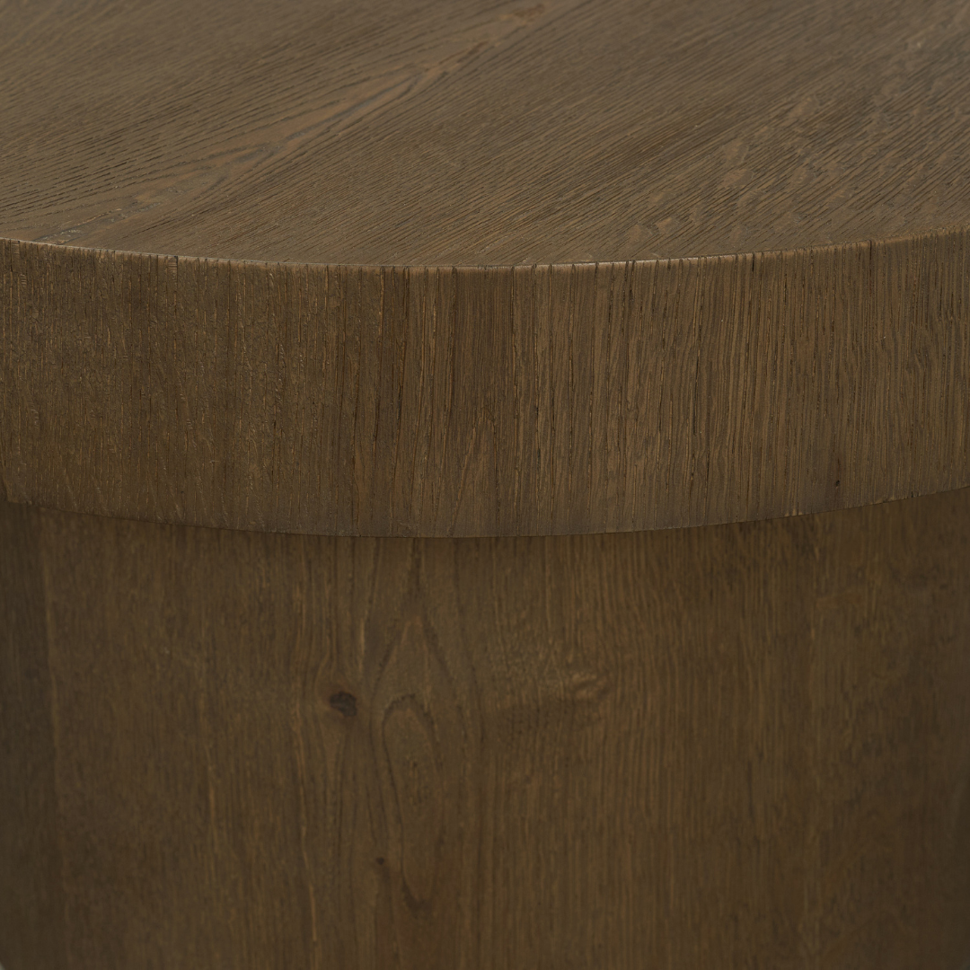 Oval Pedestal Oak Coffee Table in Medium Brown - Sculptural Base