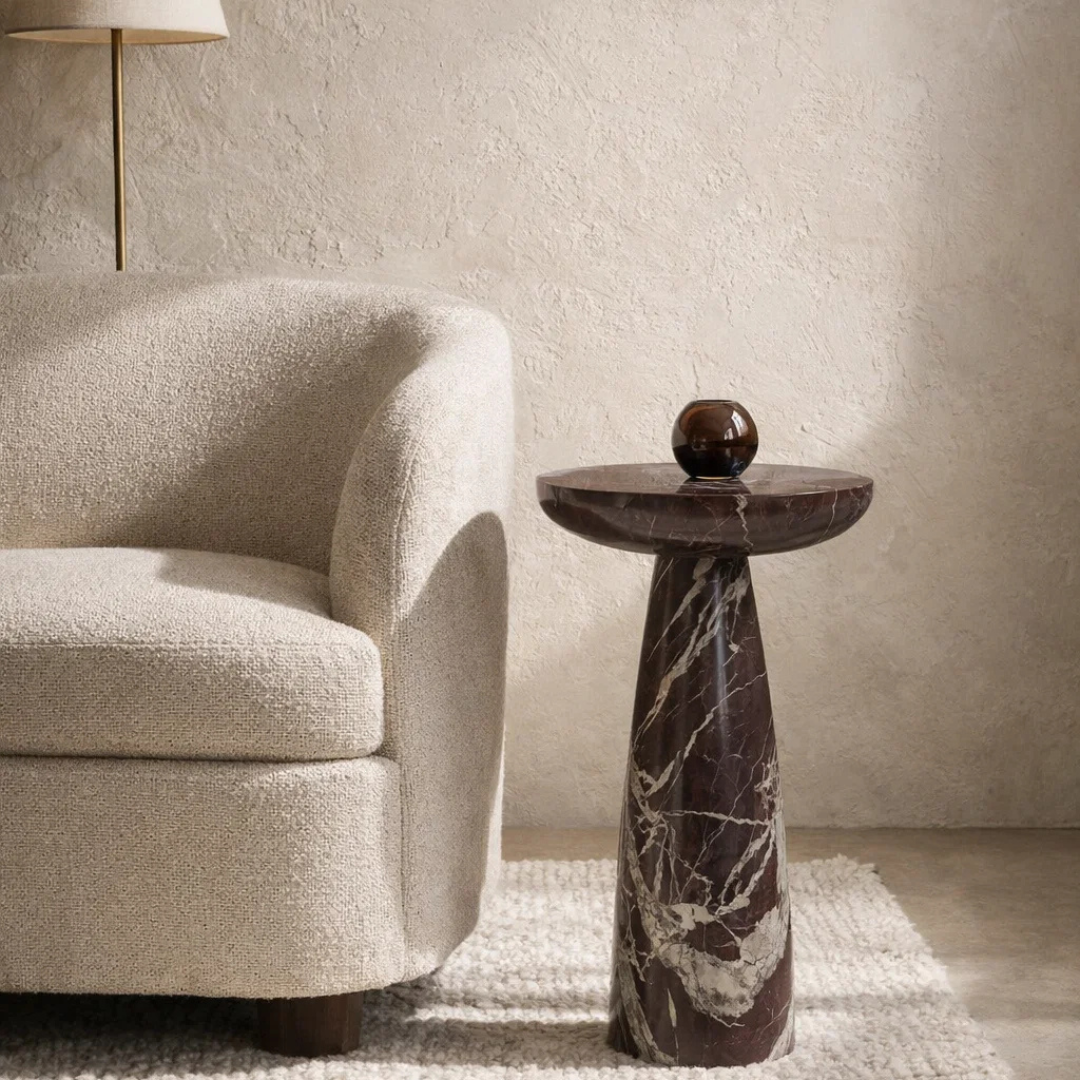 Pedestal Marble Side Table in Rosso Red - Rounded Top, Sculptural Form