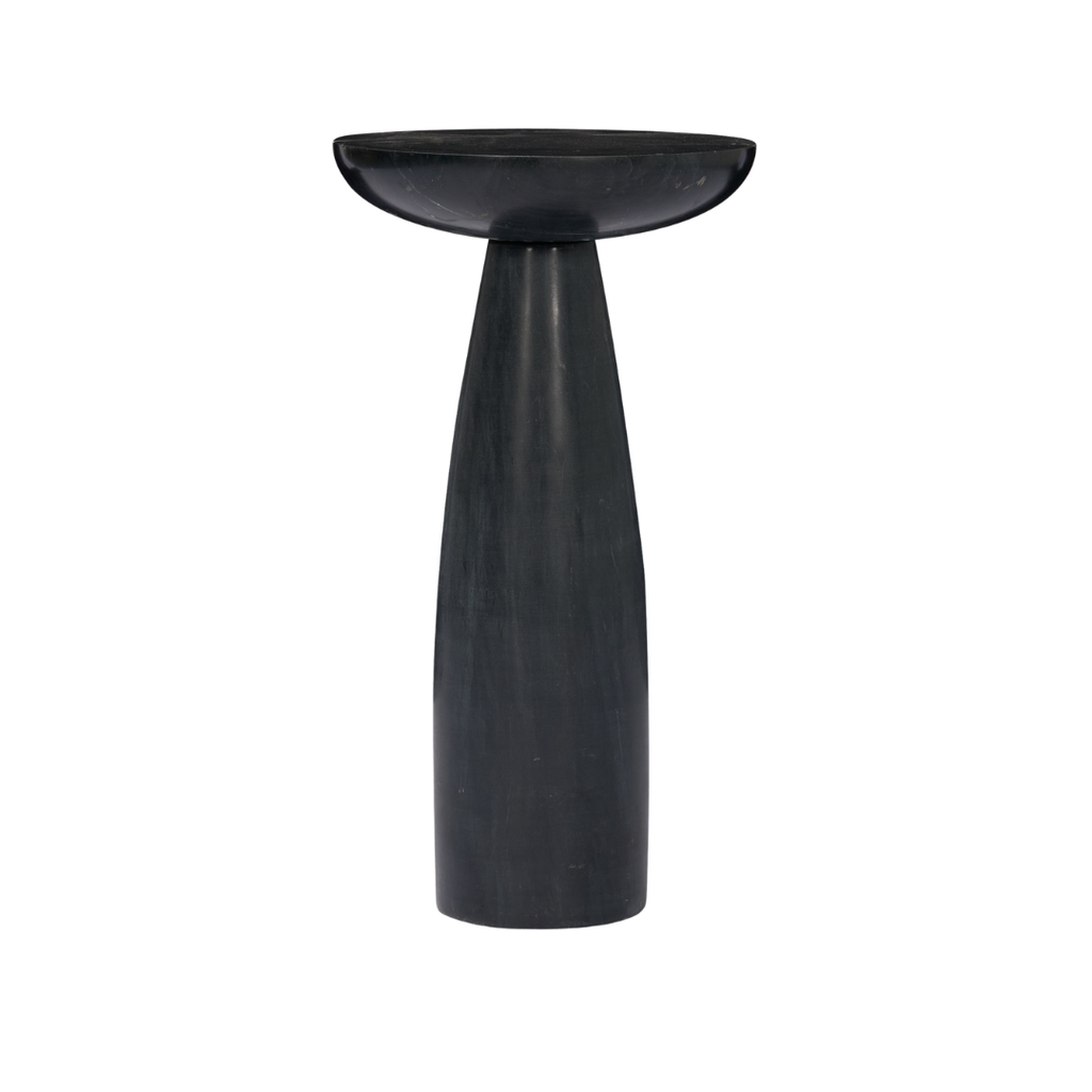 Pedestal Marble Side Table in Black - Rounded Top, Natural Veining