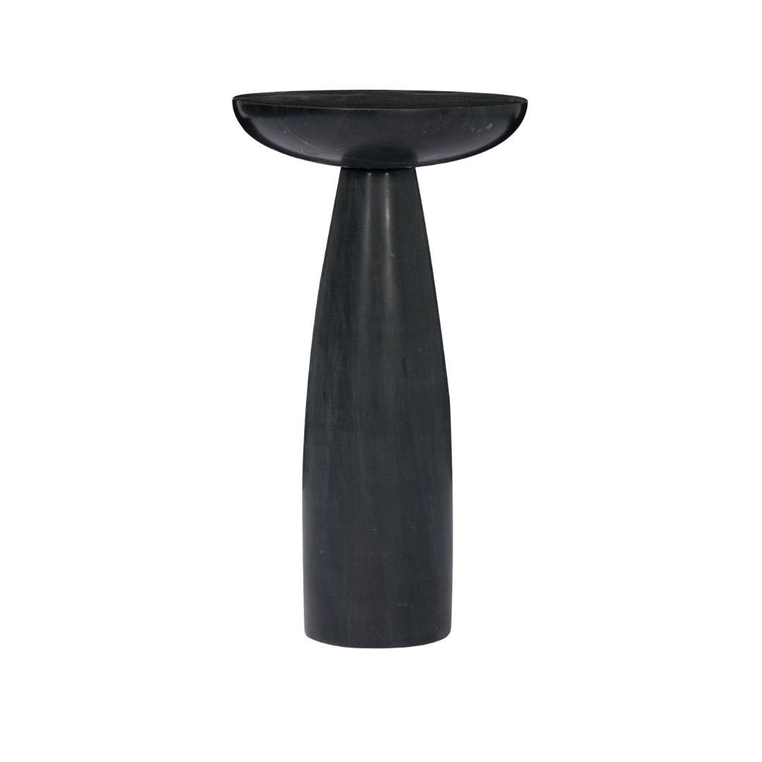 Pedestal Marble Side Table in Black - Rounded Top, Natural Veining