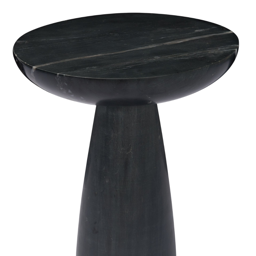 Pedestal Marble Side Table in Black - Rounded Top, Natural Veining