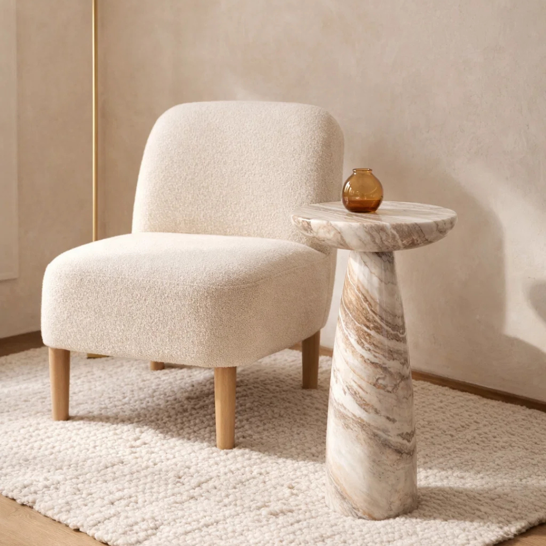 Pedestal Marble Side Table in Pink - Rounded Top, Flowing Veining