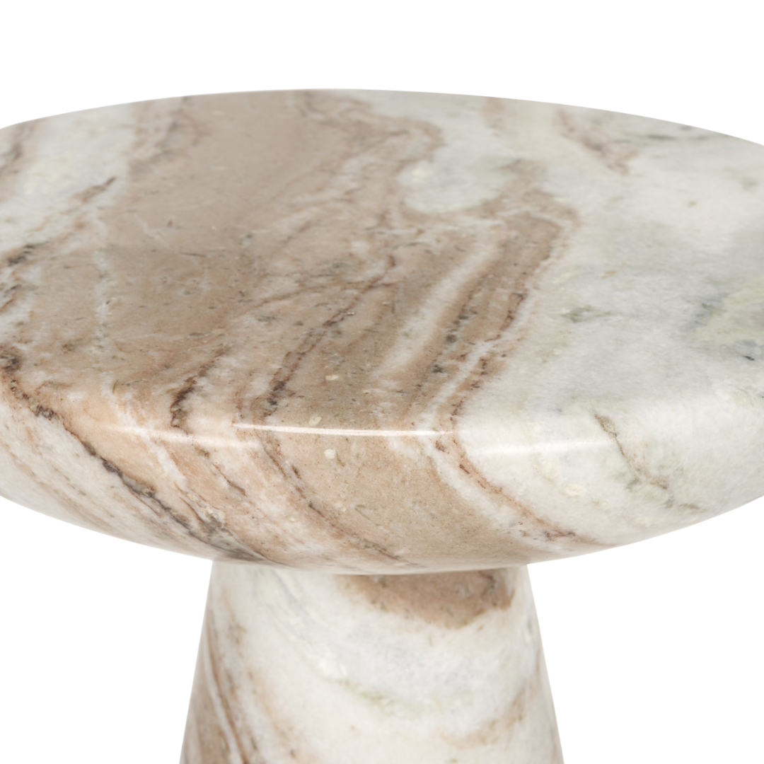 Pedestal Marble Side Table in Pink - Rounded Top, Flowing Veining