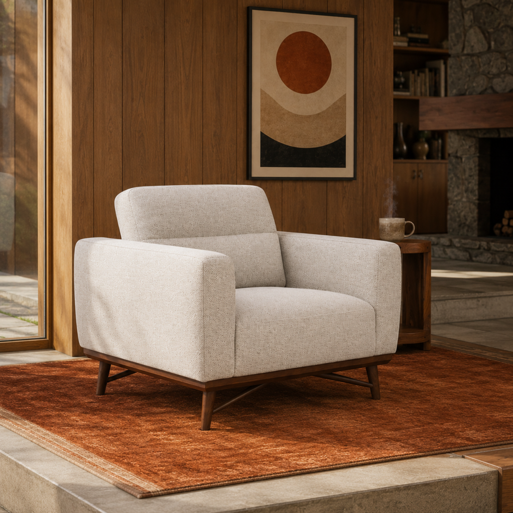 Mid-Century Accent Lounge Chair in Birch Weave Polyester - Tapered Wood Legs
