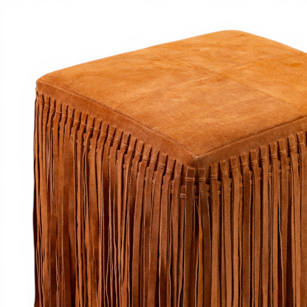 Suede Leather Square Ottoman in Cognac - Fringe Detail, Structured