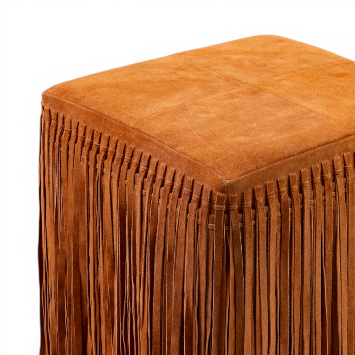 Suede Leather Square Ottoman in Cognac - Fringe Detail, Structured