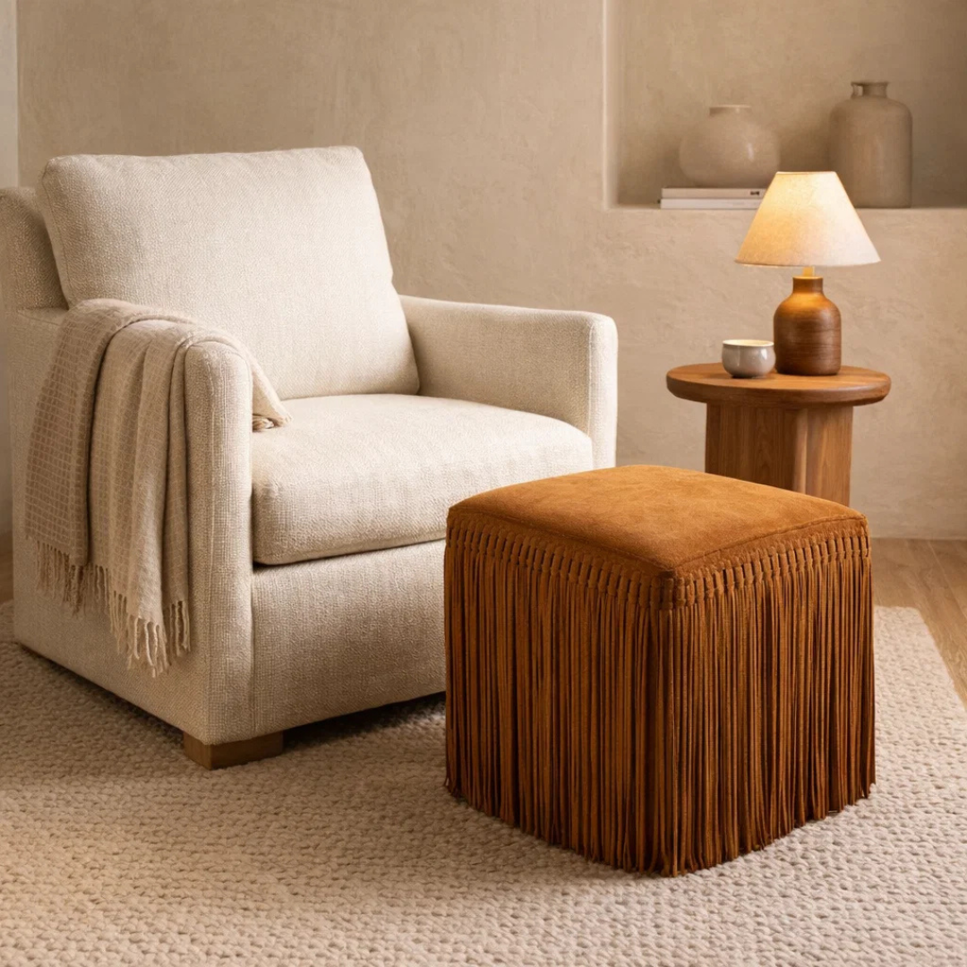 Suede Leather Square Ottoman in Cognac - Fringe Detail, Structured