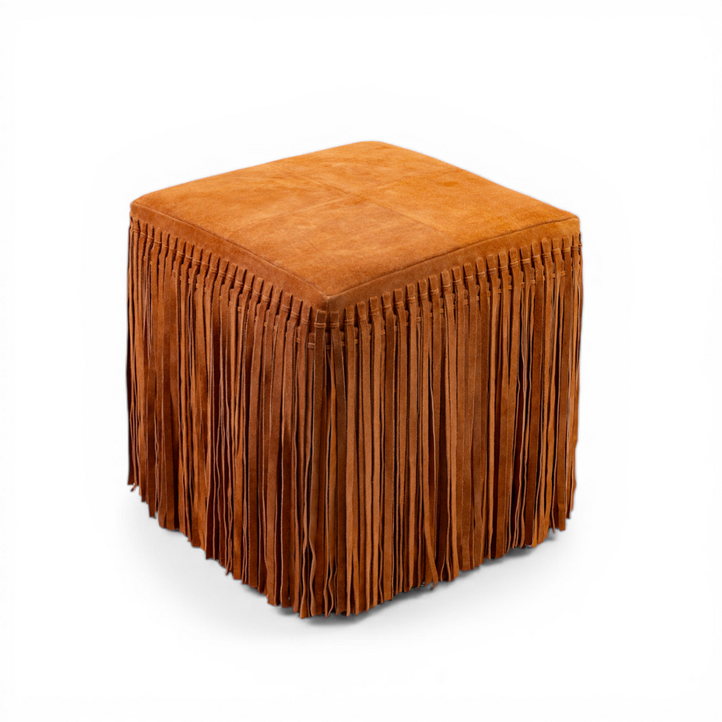 Suede Leather Square Ottoman in Cognac - Fringe Detail, Structured