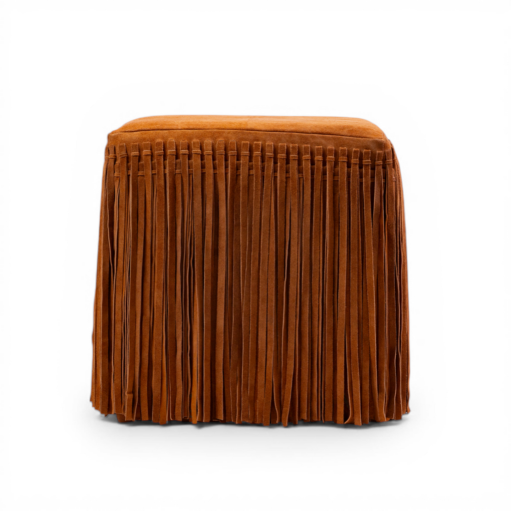 Suede Leather Square Ottoman in Cognac - Fringe Detail, Structured