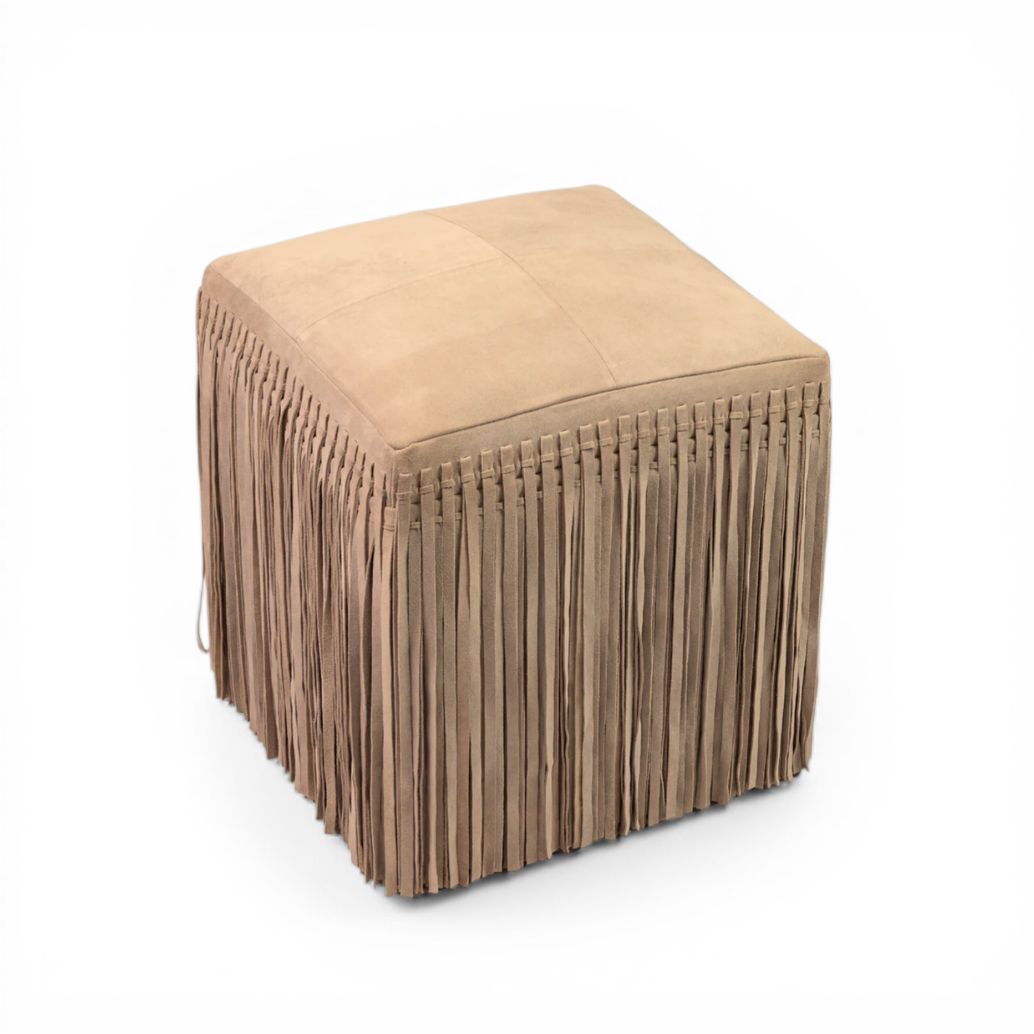 Suede Leather Square Ottoman in Taupe - Fringe Detail, Structured