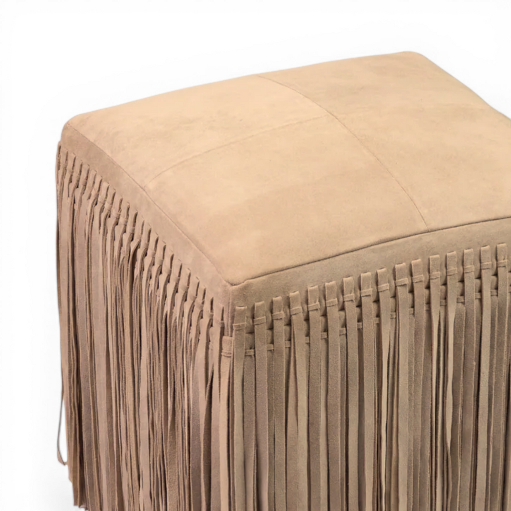 Suede Leather Square Ottoman in Taupe - Fringe Detail, Structured