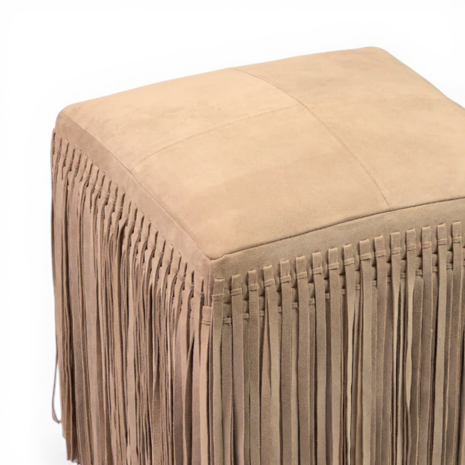 Suede Leather Square Ottoman in Taupe - Fringe Detail, Structured