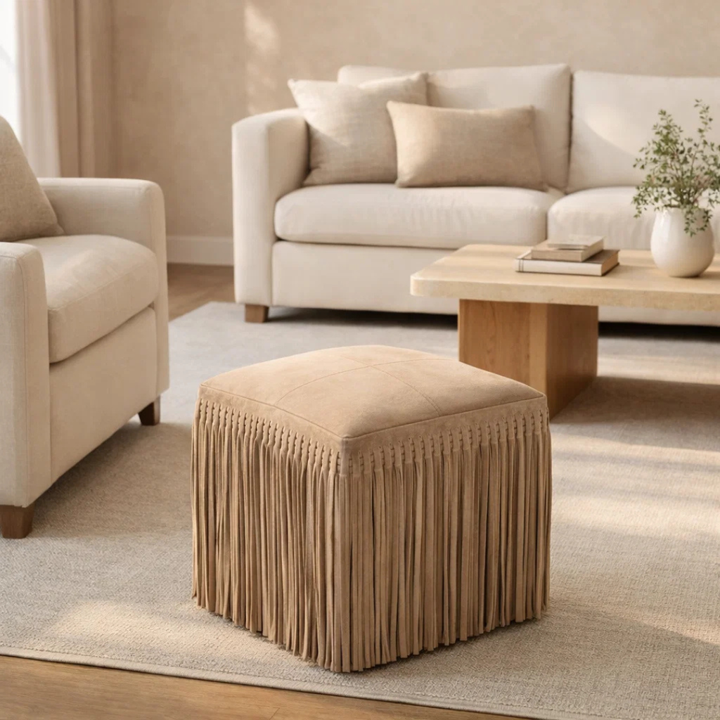 Suede Leather Square Ottoman in Taupe - Fringe Detail, Structured