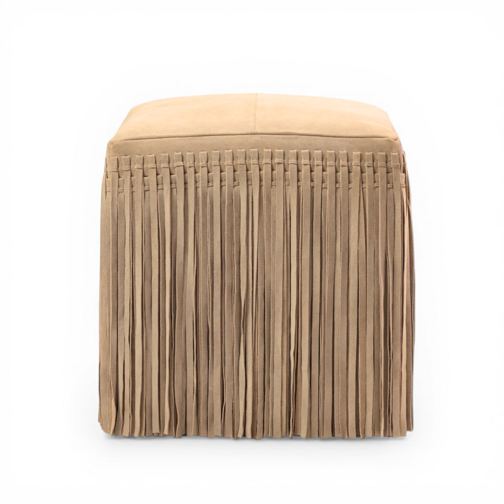 Suede Leather Square Ottoman in Taupe - Fringe Detail, Structured