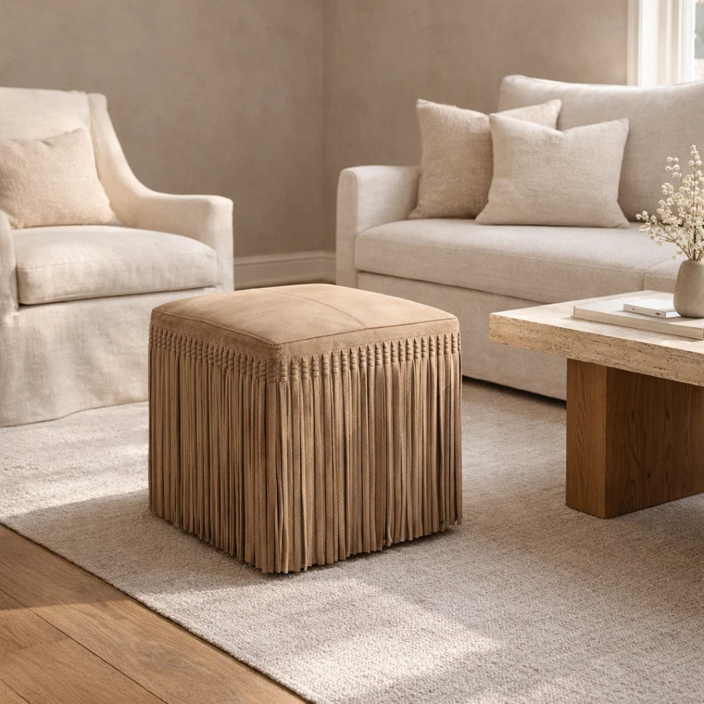 Suede Leather Square Ottoman in Taupe - Fringe Detail, Structured