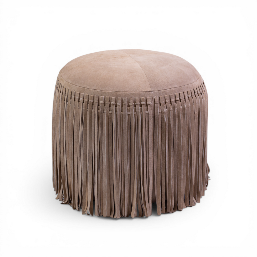 Suede Leather Round Ottoman in Taupe - Fringe Detail, Footrest