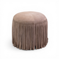 Suede Leather Round Ottoman in Taupe - Fringe Detail, Footrest