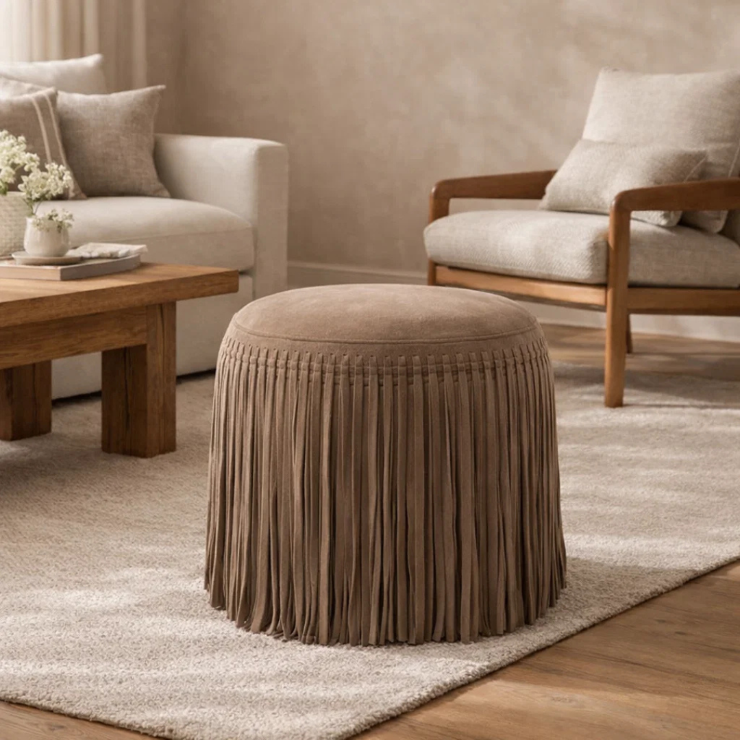 Suede Leather Round Ottoman in Taupe - Fringe Detail, Footrest
