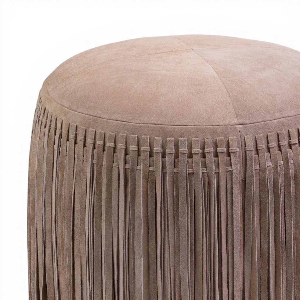 Suede Leather Round Ottoman in Taupe - Fringe Detail, Footrest