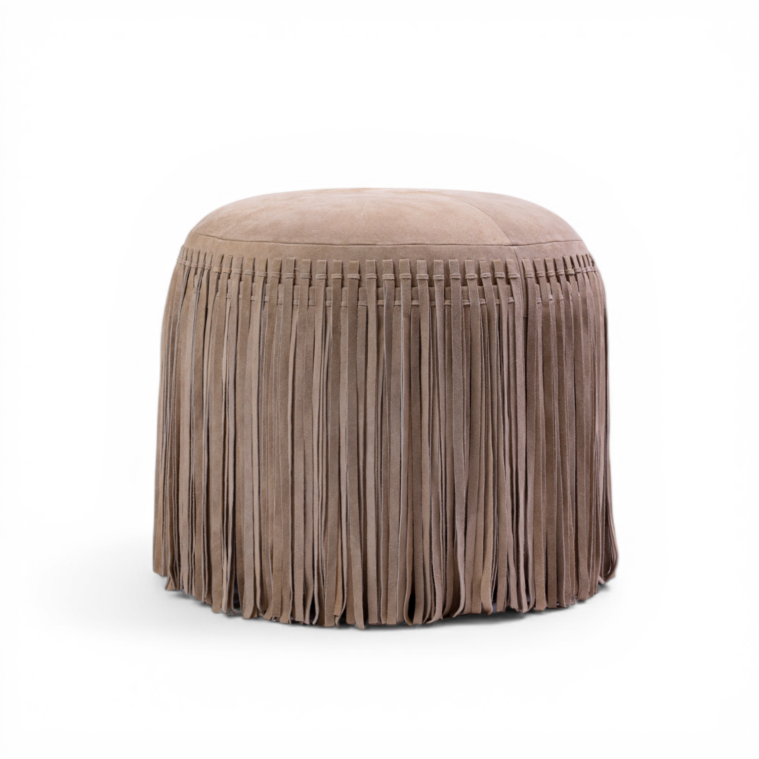 Suede Leather Round Ottoman in Taupe - Fringe Detail, Footrest