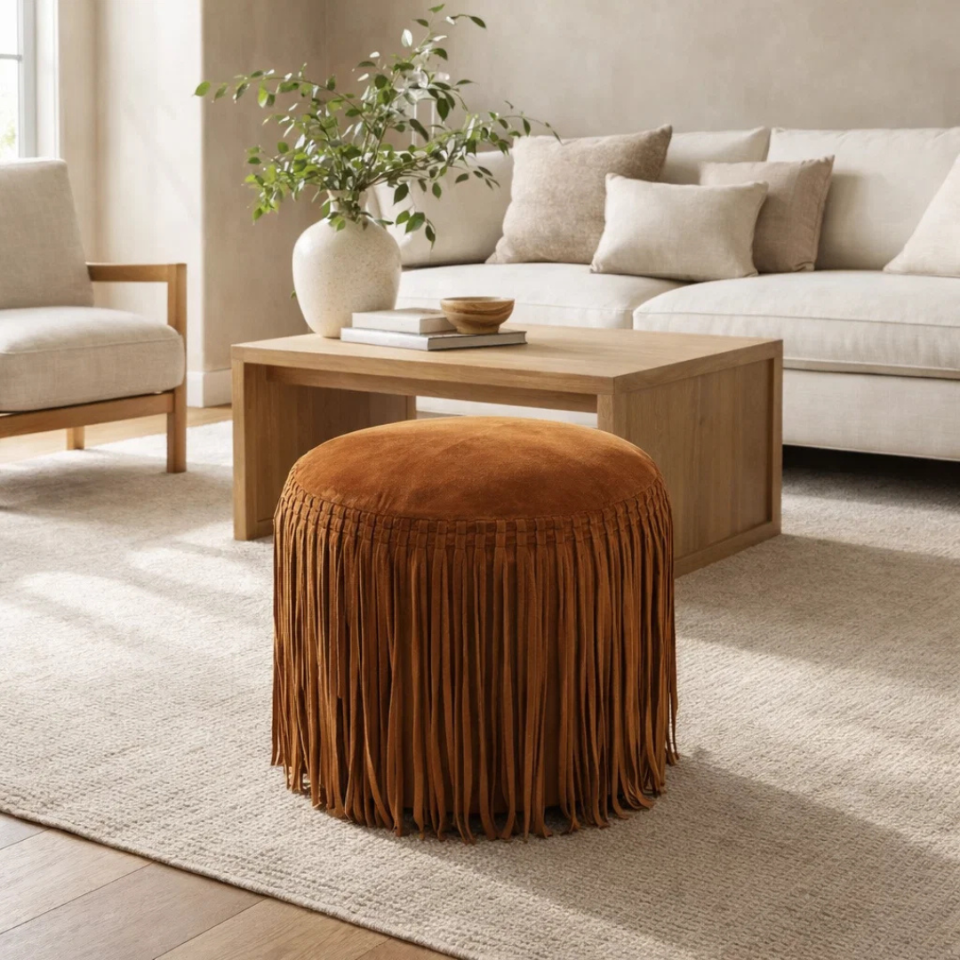 Suede Leather Round Ottoman in Cognac - Fringe Detail, Footrest