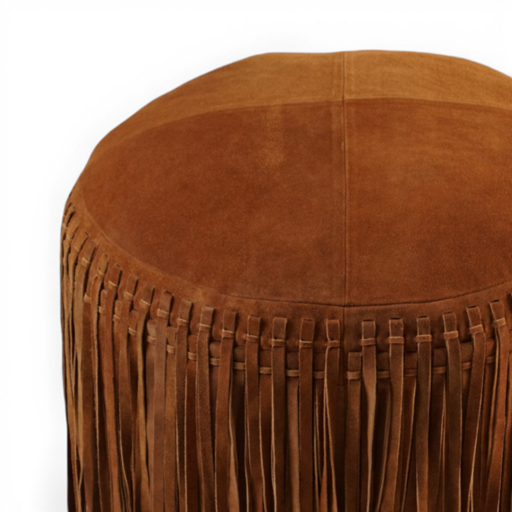 Suede Leather Round Ottoman in Cognac - Fringe Detail, Footrest