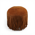 Suede Leather Round Ottoman in Cognac - Fringe Detail, Footrest