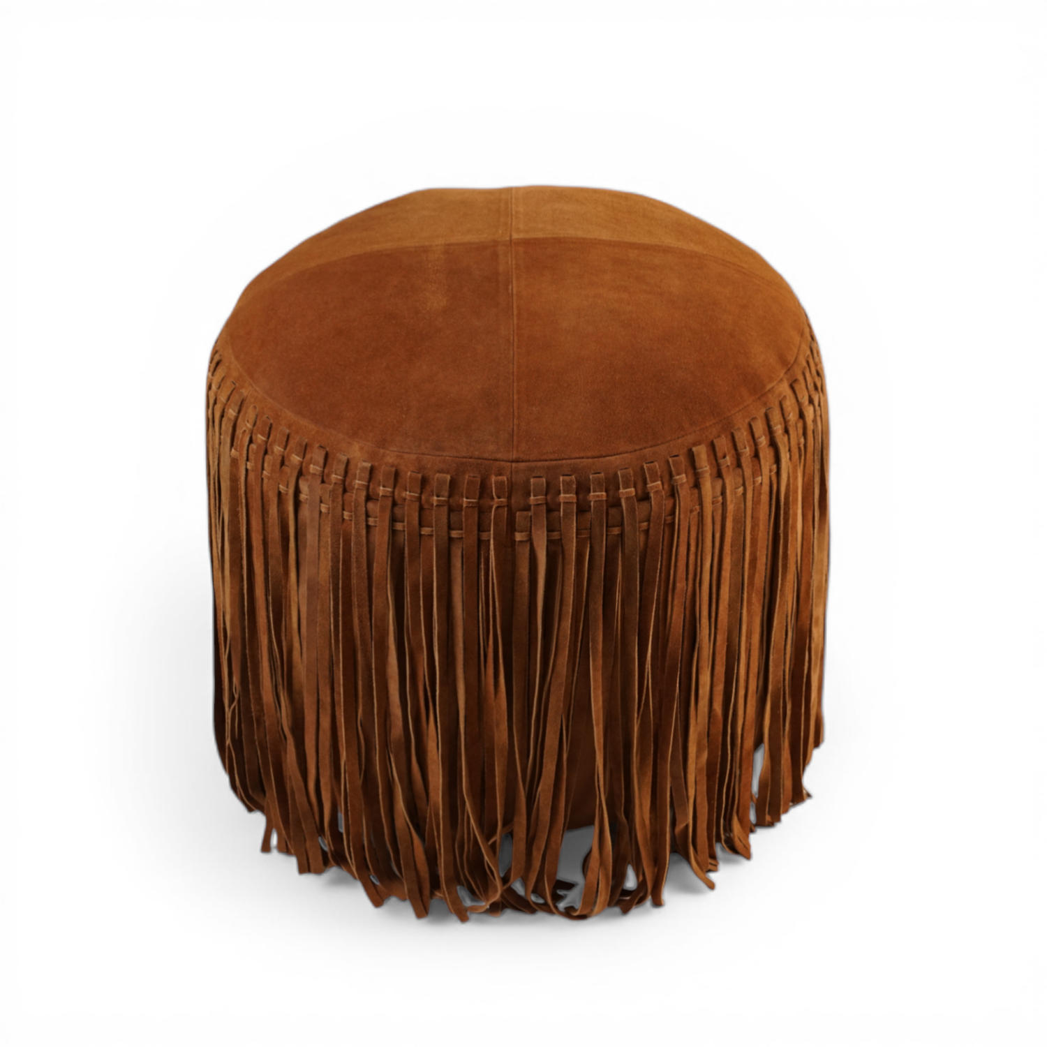 Suede Leather Round Ottoman in Cognac - Fringe Detail, Footrest
