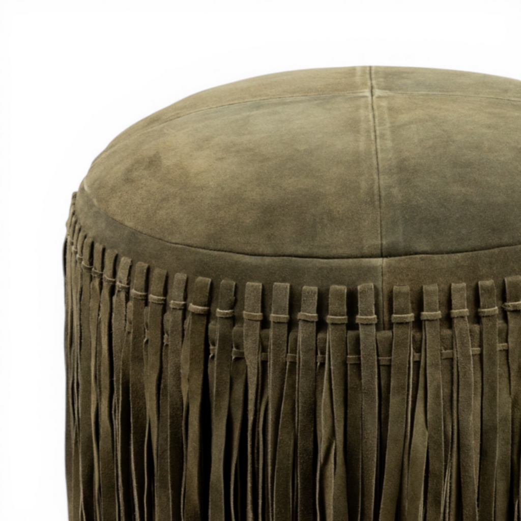 Suede Leather Round Ottoman in Forest Green - Fringe Detail