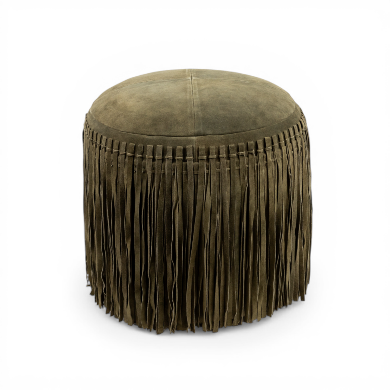 Suede Leather Round Ottoman in Forest Green - Fringe Detail