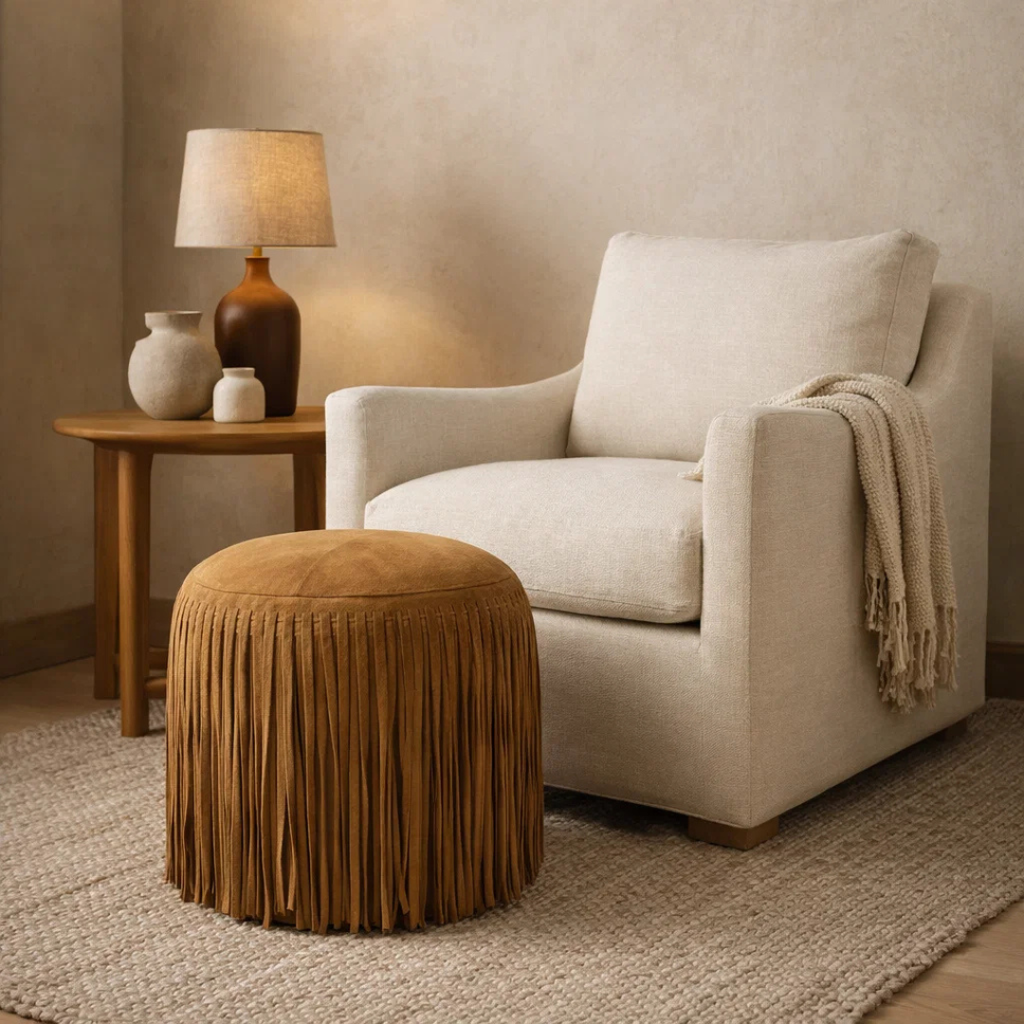 Suede Leather Round Ottoman in Camel - Fringe Detail, Footrest