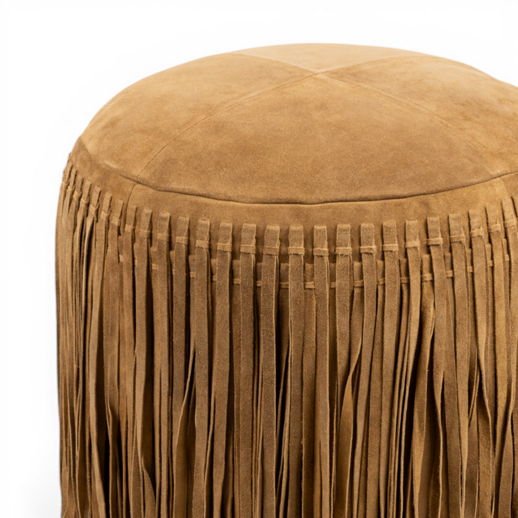 Suede Leather Round Ottoman in Camel - Fringe Detail, Footrest