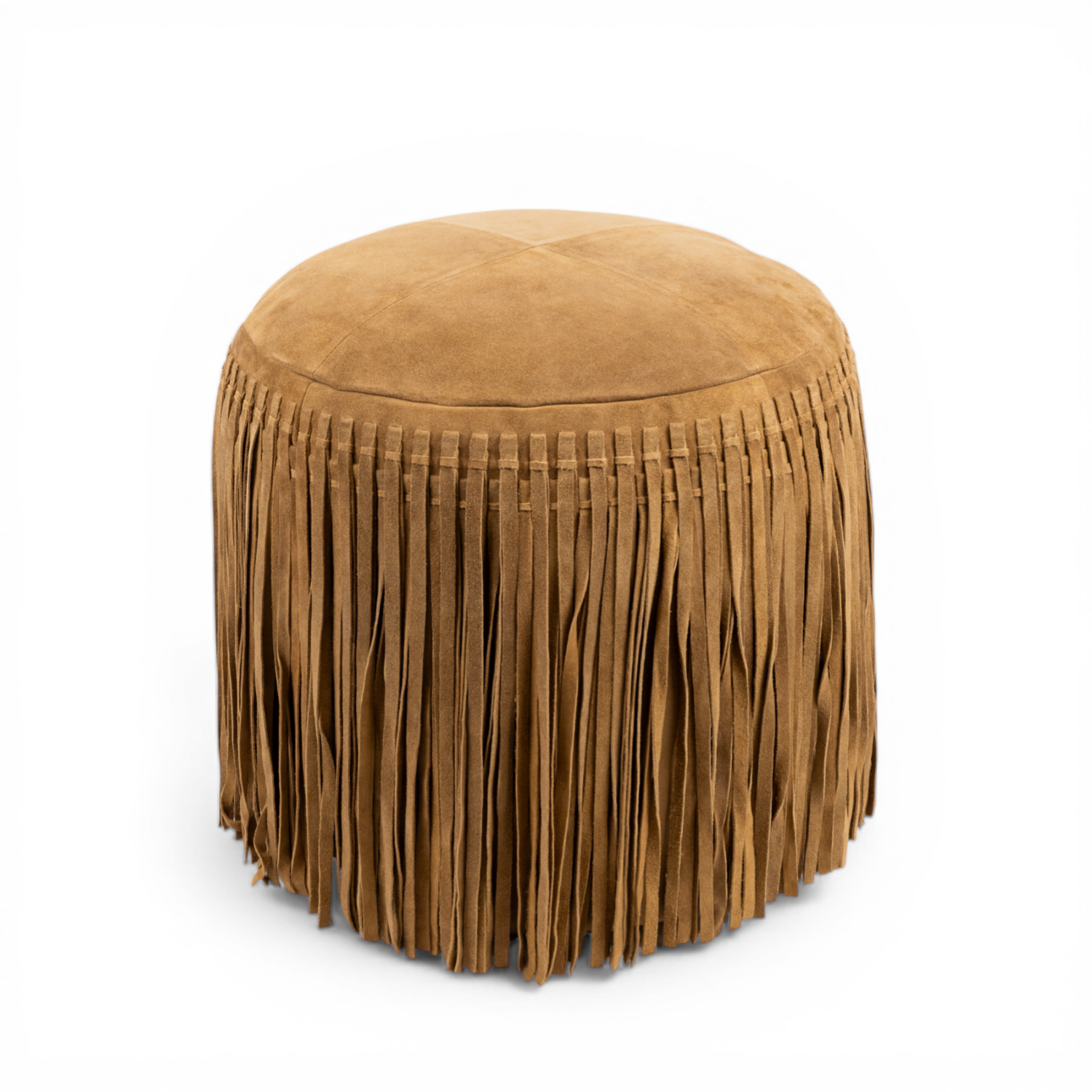 Suede Leather Round Ottoman in Camel - Fringe Detail, Footrest