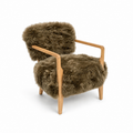 Long-Wool Sheepskin Lounge Chair in Taupe Brown - Solid Oak Legs, Handcrafted