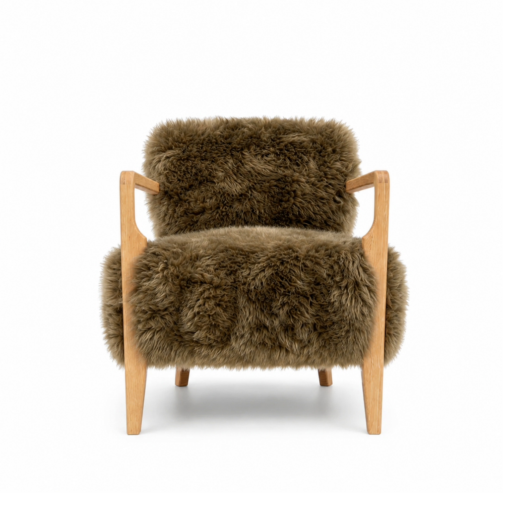 Long-Wool Sheepskin Lounge Chair in Taupe Brown - Solid Oak Legs, Handcrafted