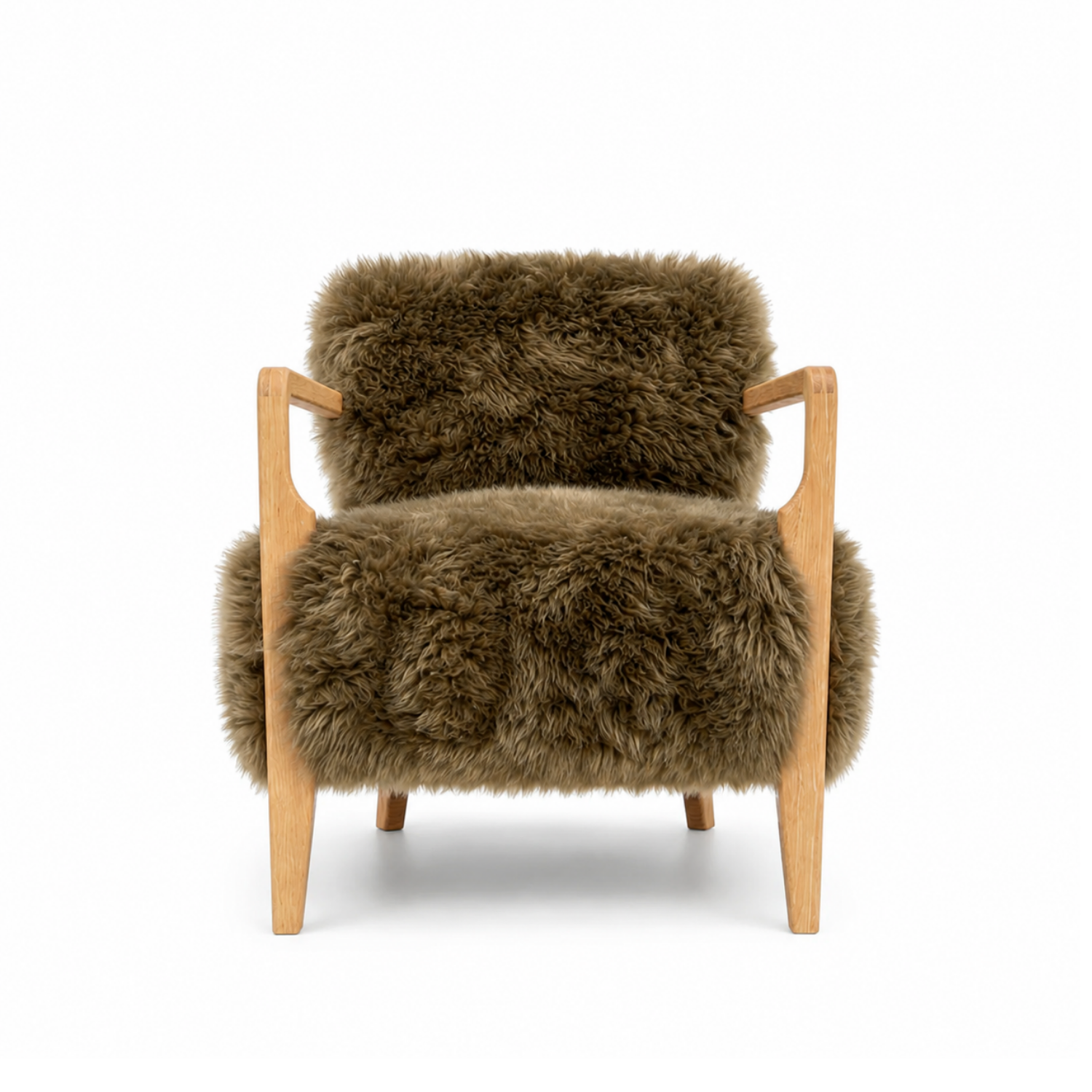 Long-Wool Sheepskin Lounge Chair in Taupe Brown - Solid Oak Legs, Handcrafted
