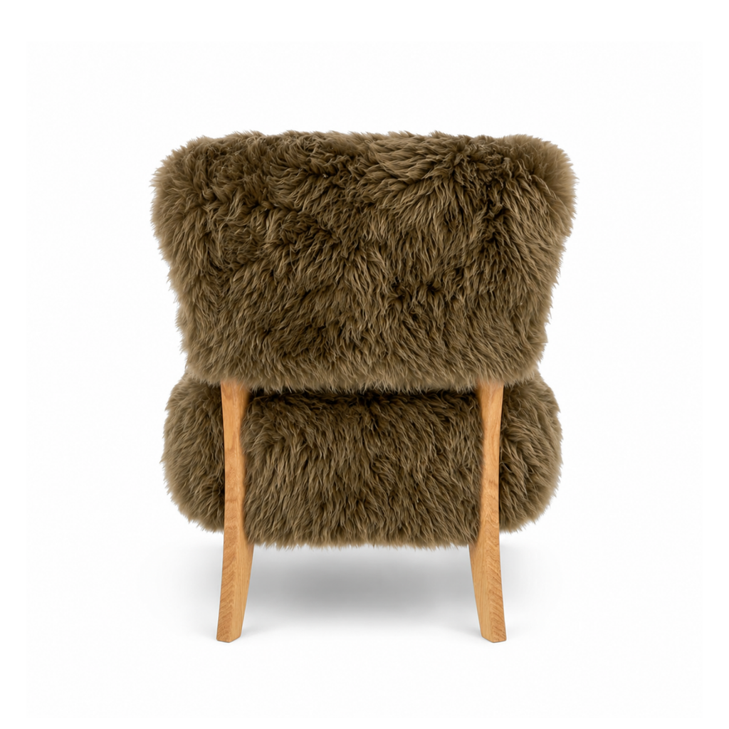 Long-Wool Sheepskin Lounge Chair in Taupe Brown - Solid Oak Legs, Handcrafted