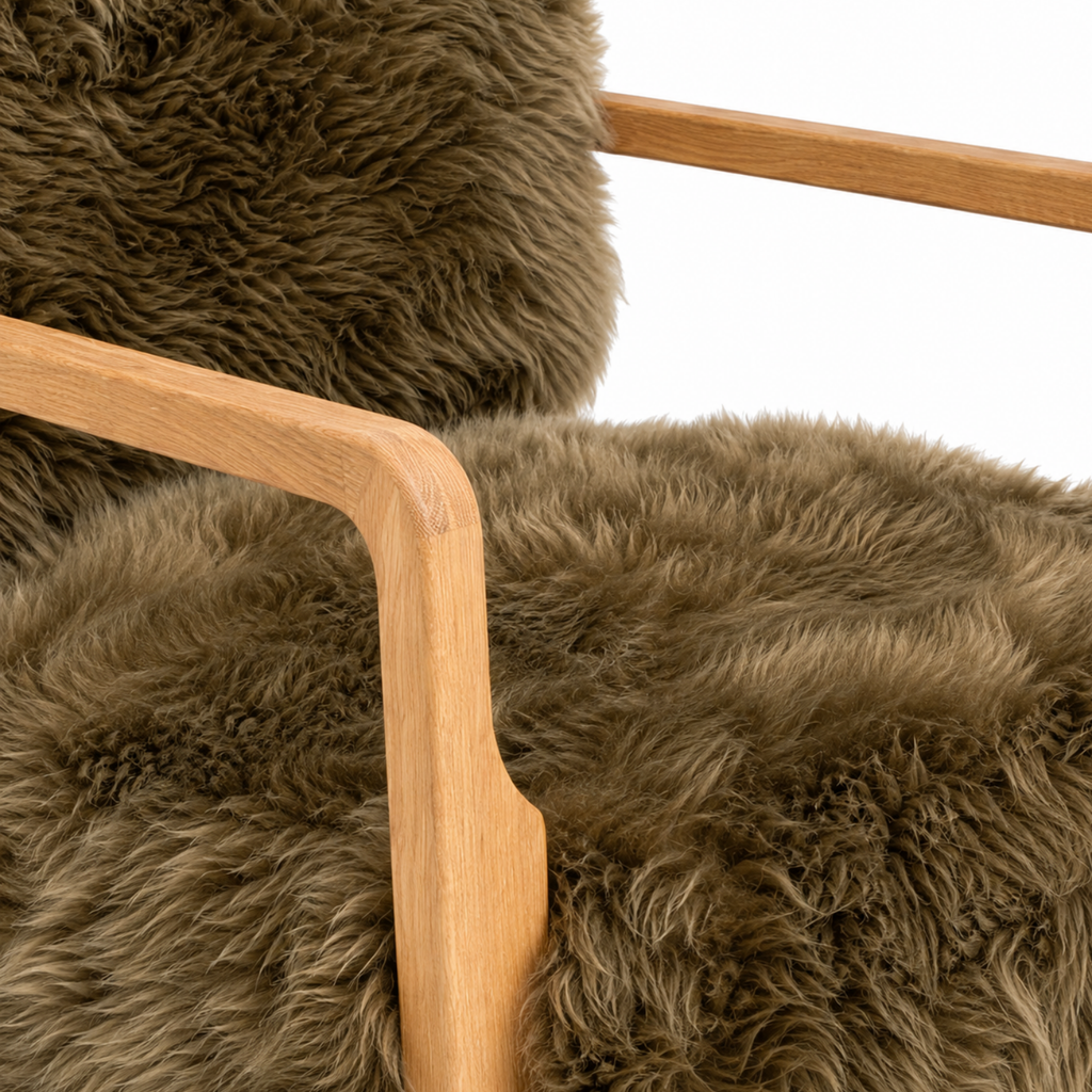 Long-Wool Sheepskin Lounge Chair in Taupe Brown - Solid Oak Legs, Handcrafted