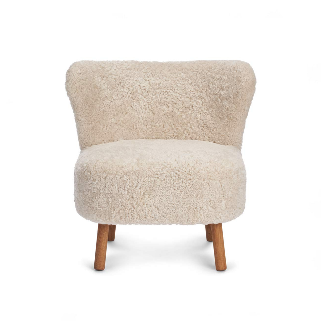 Wool Sheepskin Lounge Chair in Pearl - Solid Oak Legs