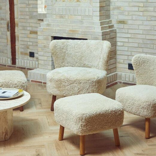 Wool Sheepskin Lounge Chair in Pearl - Solid Oak Legs