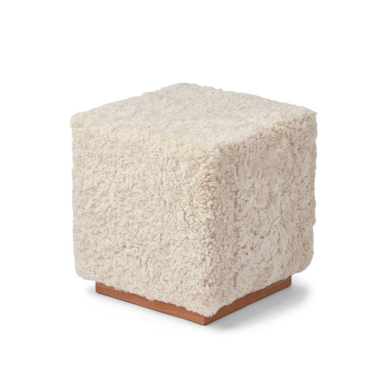 Wool Sheepskin Cube Ottoman in Pearl - Solid Oak Base
