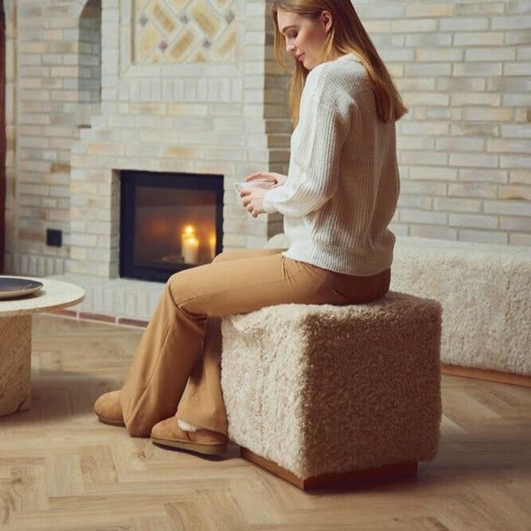 Wool Sheepskin Cube Ottoman in Pearl - Solid Oak Base