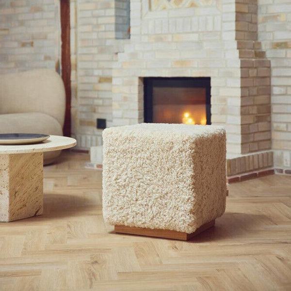 Wool Sheepskin Cube Ottoman in Pearl - Solid Oak Base