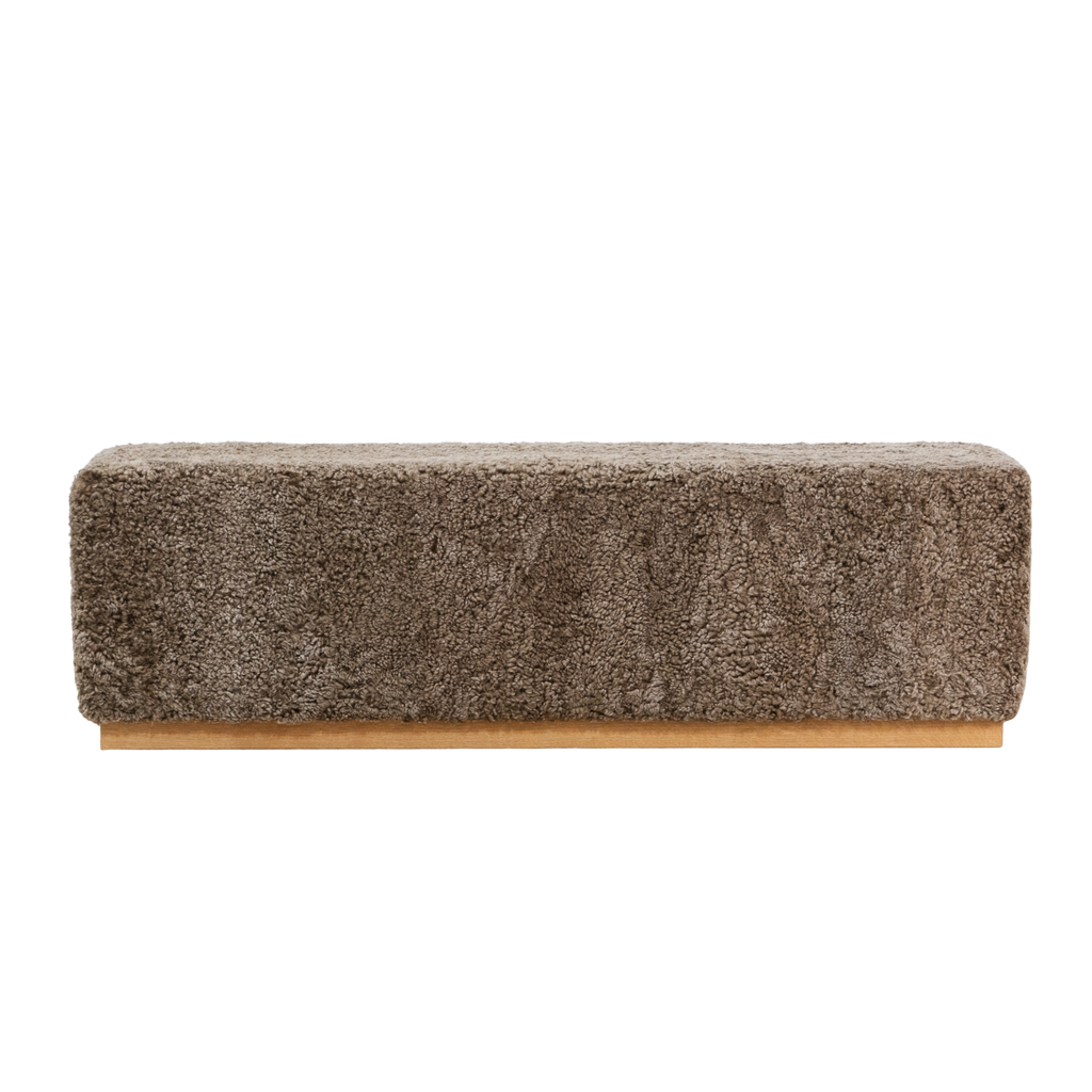 Wool Sheepskin Cube Bench in Deep Taupe - Solid Oak Base