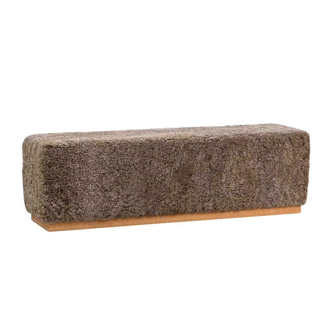 Wool Sheepskin Cube Bench in Deep Taupe - Solid Oak Base